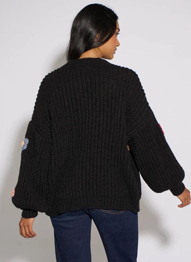Gini London  Black 3D Floral Chunky Knit Cardigan for Women | Best Price UAE