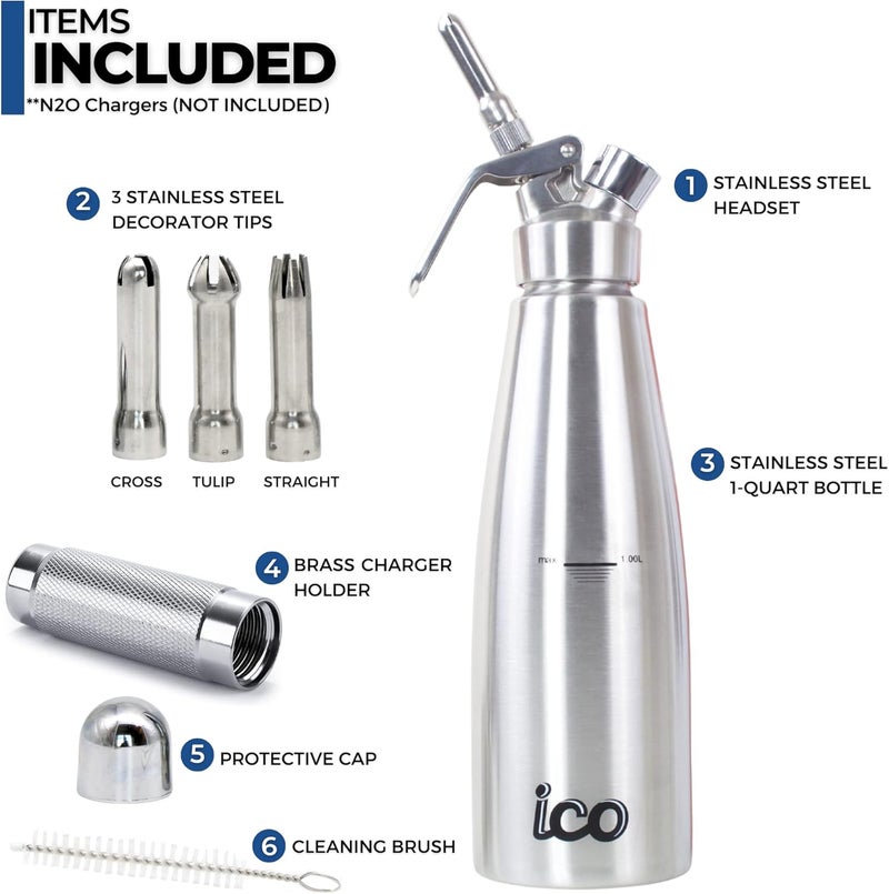 ICO 1 L (1 Quart) Professional Stainless Steel Whipped Cream Dispenser for Homemade Whipping Cream, Whipped Cream Dispenser for Desserts, Dips, Sauces, and Infused Oils & Liquors - Image 3