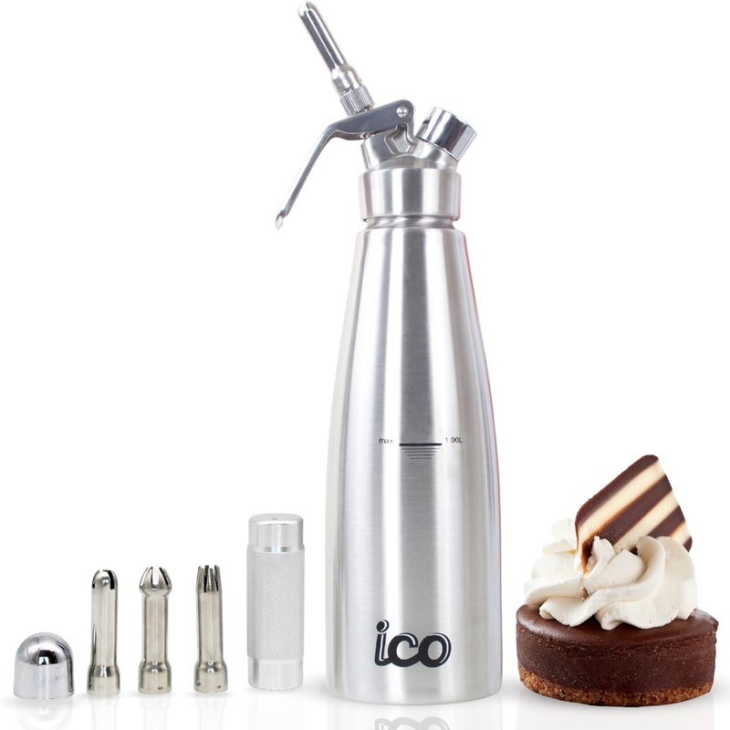 ICO 1 L (1 Quart) Professional Stainless Steel Whipped Cream Dispenser for Homemade Whipping Cream, Whipped Cream Dispenser for Desserts, Dips, Sauces, and Infused Oils & Liquors - Image 1