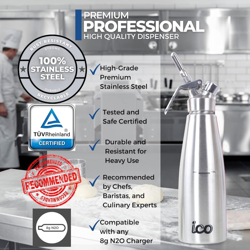 ICO 1 L (1 Quart) Professional Stainless Steel Whipped Cream Dispenser for Homemade Whipping Cream, Whipped Cream Dispenser for Desserts, Dips, Sauces, and Infused Oils & Liquors - Image 2