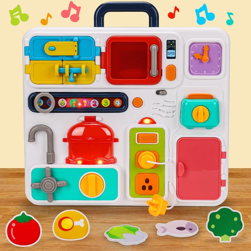 Tsomtto Kitchen Busy Board for Toddlers 1-3 Travel Toys Light Up Musical Baby Toy 12-18 Months Toddler Toys Age 1-2 2-4 Autism Sensory Montessori Fine Motor Skills Car Seat Toy for 1 Year Old - Image 1