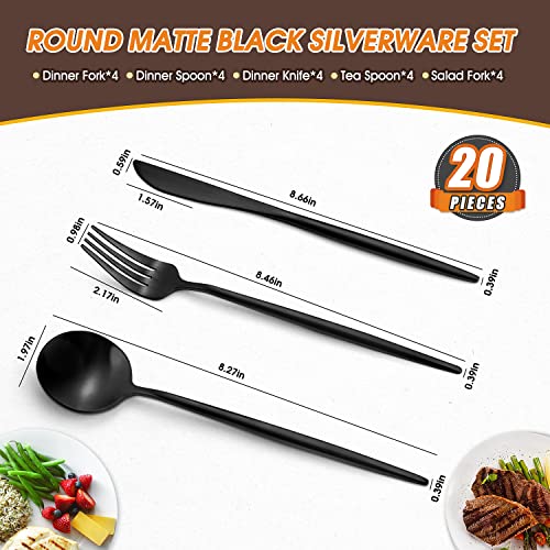 BEGEEL Matte Black Silverware Set,BEGEEL 20 Piece Stainless Steel Flatware Set,Service for 4,Satin Finish Tableware,Cutlery Sets,Utensil Sets for Kitchen and Home,Dishwasher Safe - Image 2