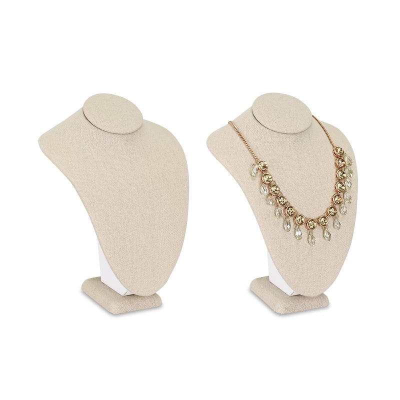 MOOCA Jewelry Display Stand 2 Pcs Set Tan Linen Covered Wood Necklace Bust 7 in Height