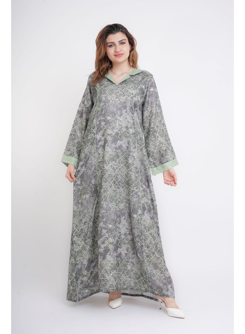 اكسا جلابية أنيقة بياقة بنقوش  خضراء - Image 1