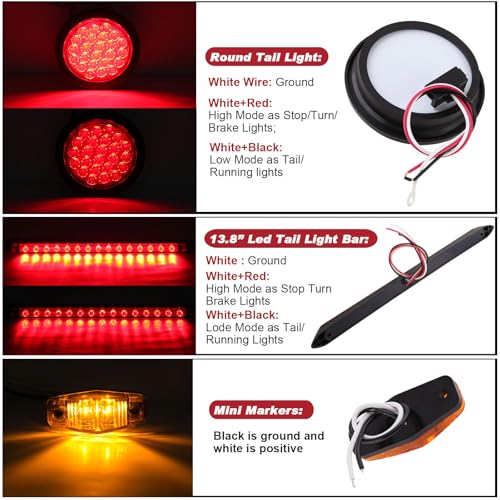 Jamarco 4" Inch Round Led Trailer Tail Lights Kit, 4" Round Led Stop Turn Tail Lights 24LED, 4Amber+2Red Mini Marker Lights, 13.8" Red Led 3RD Brake Identification Trailer Light Bar, 25ft Wiring Harness - Image 3