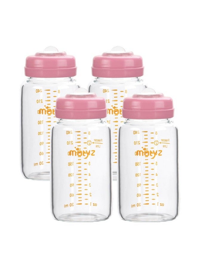 Matyz Glass Breastmilk Storage Containers, 4 Pack, 8 oz Bottle, Fit with Spectra Medela Philips Avent Pump - Wide Mouth Breastmilk Collection and Storage Bottle with Lids - No BPA (Pink Lids) - Image 1