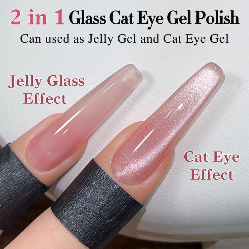 Double Rhythm Jelly Glass Cat Eye Gel Polish with Magnet 15ML Holographic Glitter Shimmer Translucent Sheer Color Magnetic Polish Salon DIY at Home (Jelly Pink Orange-MC1102) - Image 3