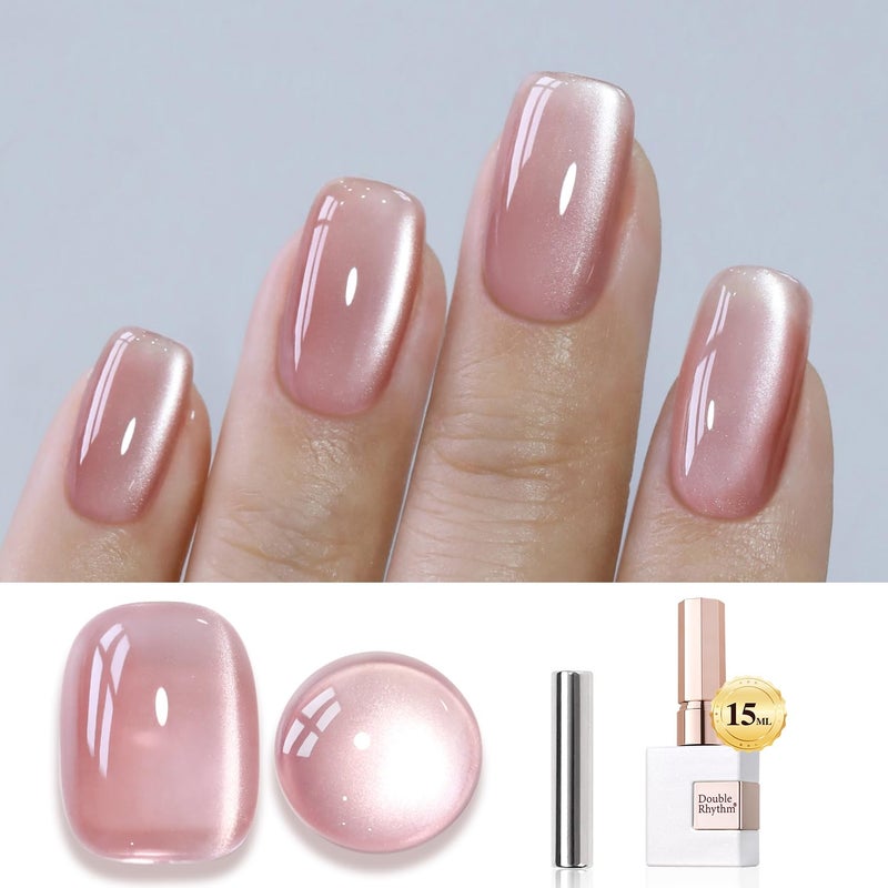 Double Rhythm Jelly Glass Cat Eye Gel Polish with Magnet 15ML Holographic Glitter Shimmer Translucent Sheer Color Magnetic Polish Salon DIY at Home (Jelly Pink Orange-MC1102) - Image 1
