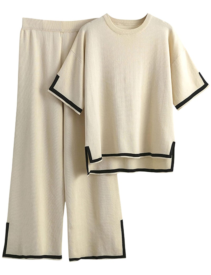Tanming Sweater Sets Women 2 Piece Lounge Sets Short Sleeve Knit Pullover Tops Wide Leg Pants (Apricot, X-Small) - Image 1