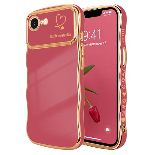 LCHULLE for iPhone 16e Case for iPhone 17e Case for Women Girls, Cute Wave Frame Curly Shape with Love Heart Raised Camera Protection Luxury Plating Shockproof Phone Cover for iPhone 16e/17e,Faint Red - Image 1