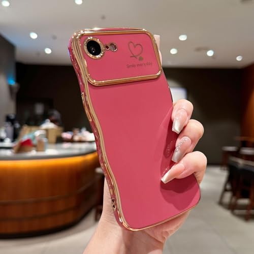 LCHULLE for iPhone 16e Case for iPhone 17e Case for Women Girls, Cute Wave Frame Curly Shape with Love Heart Raised Camera Protection Luxury Plating Shockproof Phone Cover for iPhone 16e/17e,Faint Red - Image 2