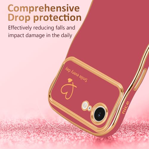 LCHULLE for iPhone 16e Case for iPhone 17e Case for Women Girls, Cute Wave Frame Curly Shape with Love Heart Raised Camera Protection Luxury Plating Shockproof Phone Cover for iPhone 16e/17e,Faint Red - Image 3