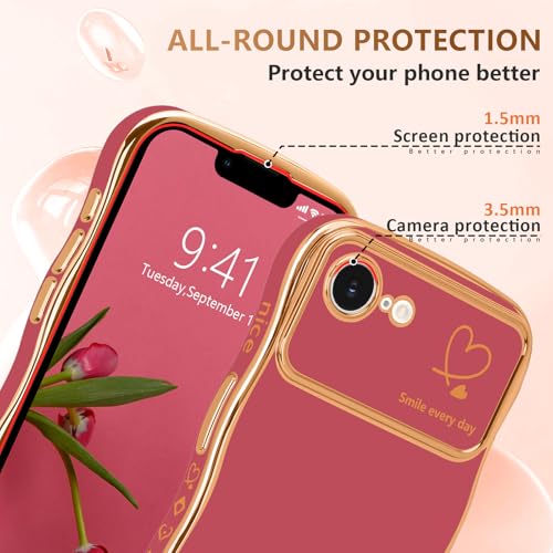 LCHULLE for iPhone 16e Case for iPhone 17e Case for Women Girls, Cute Wave Frame Curly Shape with Love Heart Raised Camera Protection Luxury Plating Shockproof Phone Cover for iPhone 16e/17e,Faint Red - Image 4