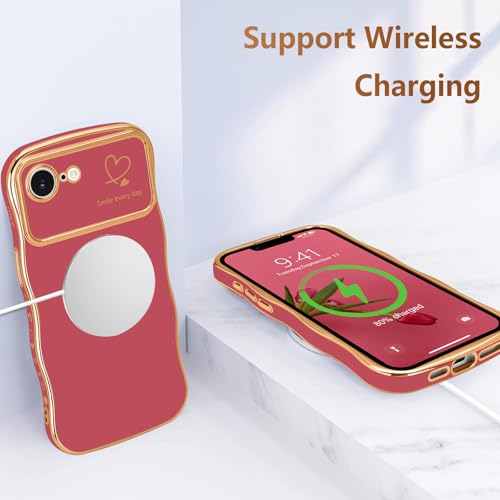 LCHULLE for iPhone 16e Case for iPhone 17e Case for Women Girls, Cute Wave Frame Curly Shape with Love Heart Raised Camera Protection Luxury Plating Shockproof Phone Cover for iPhone 16e/17e,Faint Red - Image 5