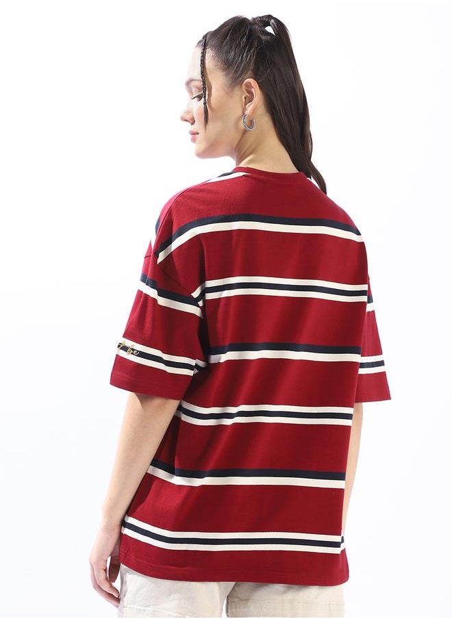 HIGH STAR Women's Multicolour 100% Cotton Striped Oversized T-Shirt  - Image 5