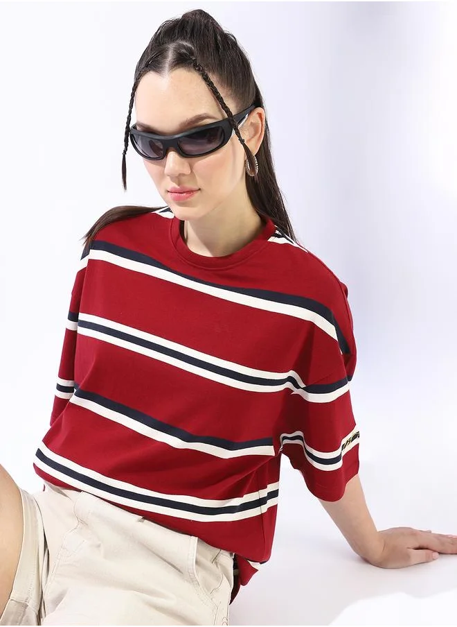 HIGH STAR Women's Multicolour 100% Cotton Striped Oversized T-Shirt