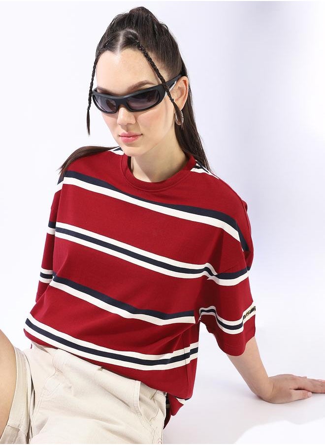 HIGH STAR Women's Multicolour 100% Cotton Striped Oversized T-Shirt  - Image 1