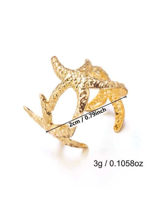 5Pcs Seashell Starfish Open Cuff Bracelet & Ring Set (3 Bracelets + 2 Rings), Vintage Gold Ocean Style Stackable Jewelry - Image 2