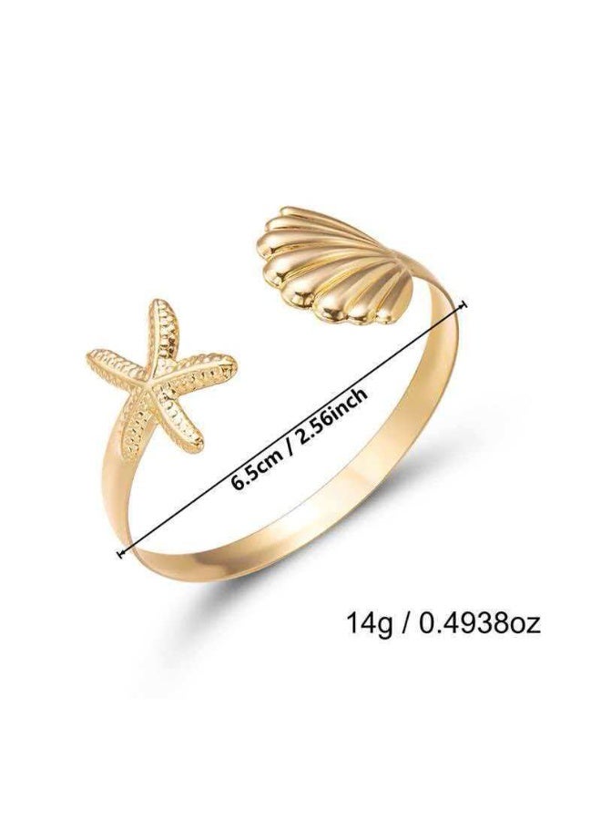 5Pcs Seashell Starfish Open Cuff Bracelet & Ring Set (3 Bracelets + 2 Rings), Vintage Gold Ocean Style Stackable Jewelry - Image 3