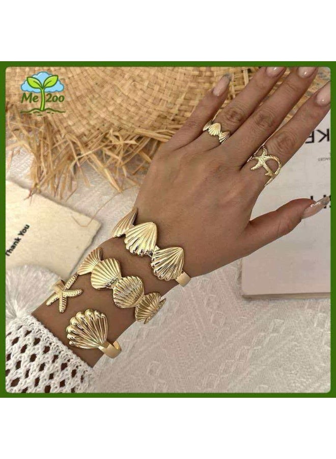 5Pcs Seashell Starfish Open Cuff Bracelet & Ring Set (3 Bracelets + 2 Rings), Vintage Gold Ocean Style Stackable Jewelry - Image 1
