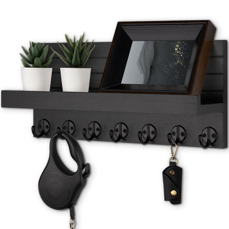Lwenki Key Holder Wall Mount, Entryway Key and Mail Holder with 7 Sturdy Hooks for Sunglasses, Dog Leash, Decorative Wall Shelf with Mounting Hardware, 15â€W x 6.7â€H x 4.2â€D - Image 1