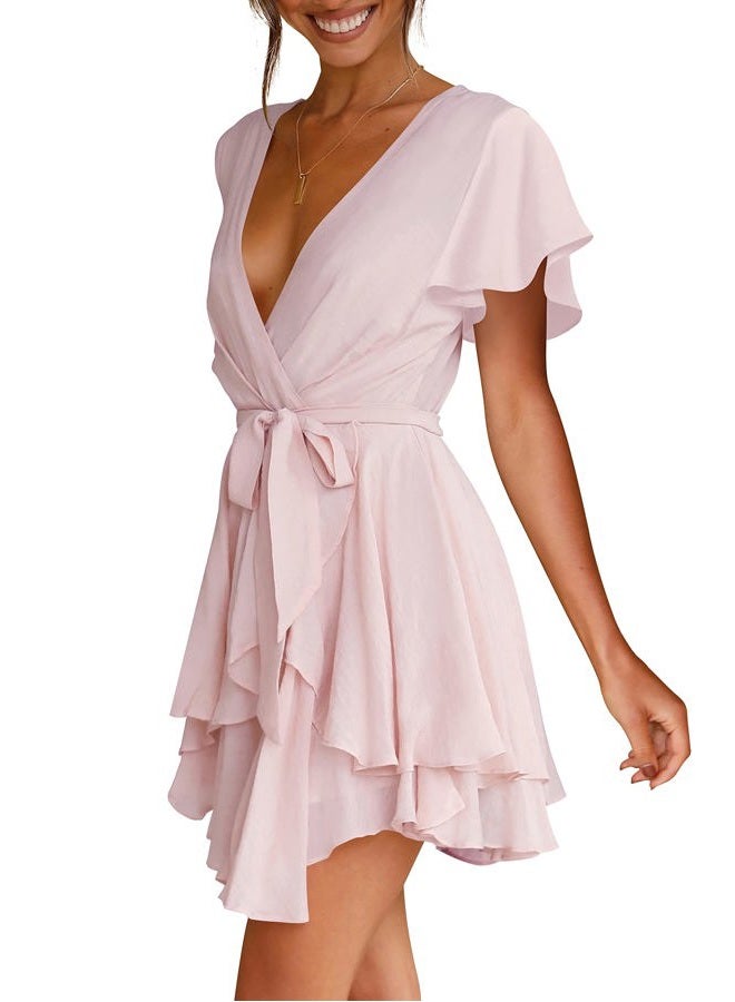 Cosonsen Womens Party Dress Short Sleeve Deep V-Neck Tie Waist Cocktail Dresses Pink L - Image 5