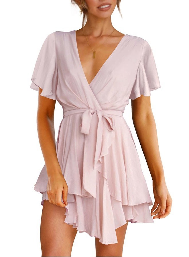 Cosonsen Womens Party Dress Short Sleeve Deep V-Neck Tie Waist Cocktail Dresses Pink L - Image 1