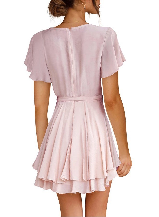 Cosonsen Womens Party Dress Short Sleeve Deep V-Neck Tie Waist Cocktail Dresses Pink L - Image 4