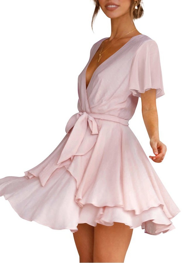 Cosonsen Womens Party Dress Short Sleeve Deep V-Neck Tie Waist Cocktail Dresses Pink L - Image 2