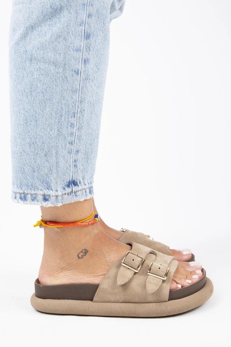 Manijero Manijero Lirio Women's Genuine Leather Single Strap Double Buckle Mink Slippers