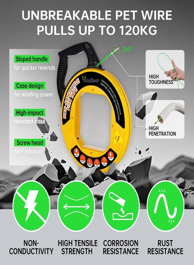 Yelodeer Fish Tape Wire Puller 100 FT x 4.5 mm with Gloves, PET Wire Fishing Tools for Walls and Electrical Conduit - Image 2