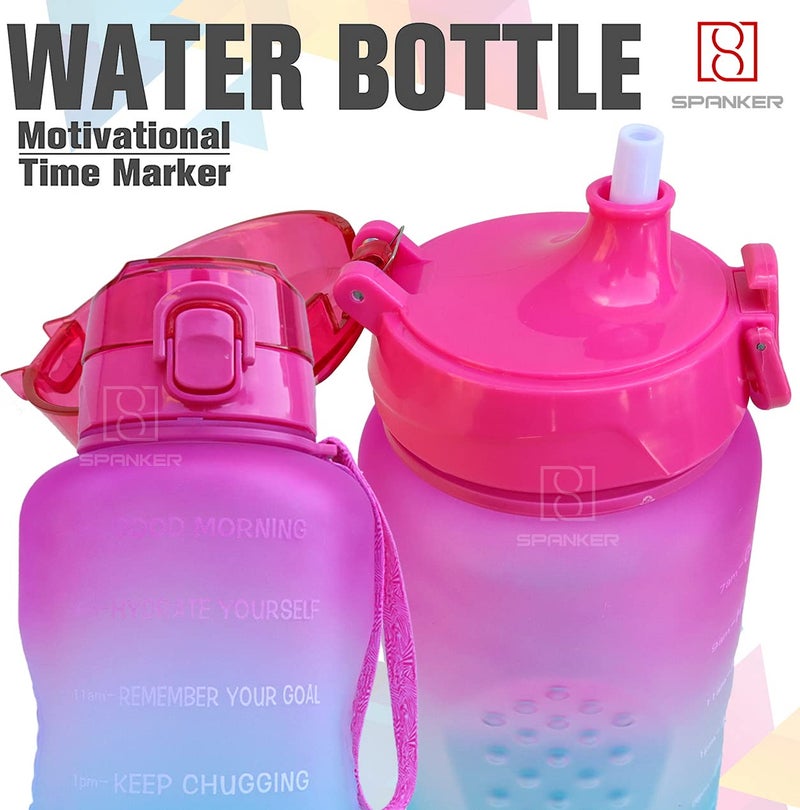 Spanker Motivational Water Bottle Gallon with Time Marker Large Capacity 2000ML, Leakproof BPA Free Fitness Sports Water Bottle,(Blue-Pink) SSTP - Image 2