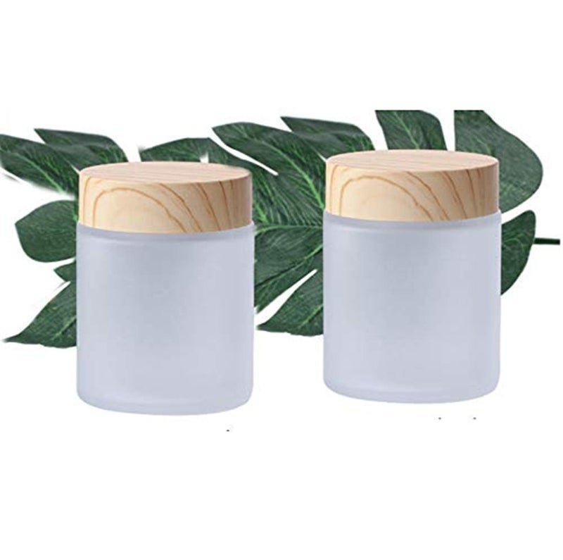 Healthcom 2 Pcs 100 Grams/100 ML Empty Glass Jars Frosted Glass Cosmetic Cream Jar Bottles Pot Wood Grain Lid Refillable Container Cream Box Lotion Face Cream Jar DIY Makeup Lip Balm Eyeshadow - Image 1