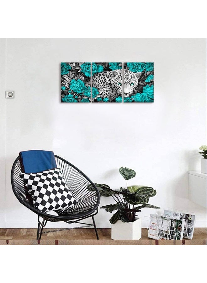 WELMECO Wildlife Animal Picture Black and White Leopard in Turquoise Peonies Flowers Painting Giclee Prints Wall Art - Image 4