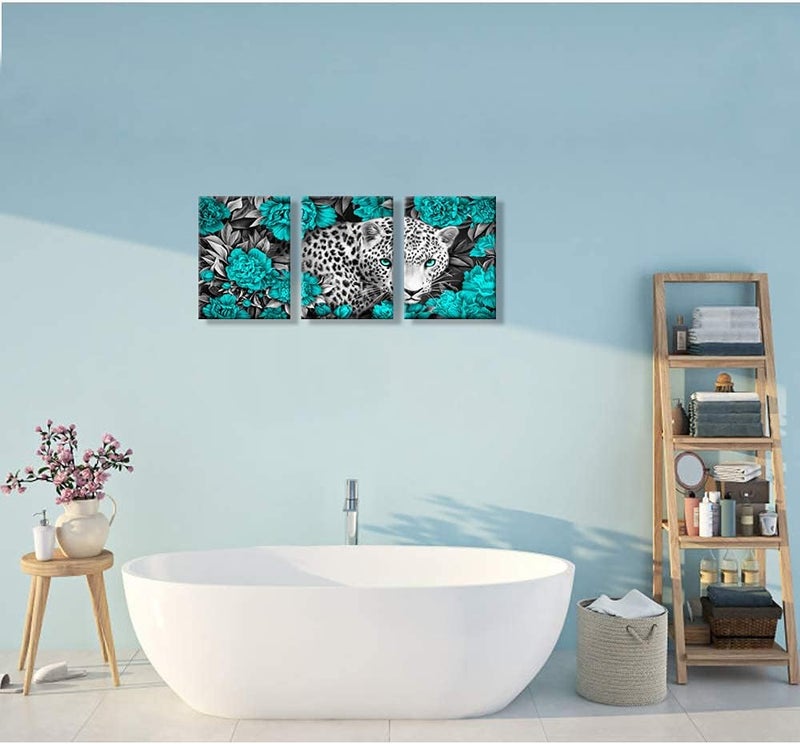 WELMECO Wildlife Animal Picture Black and White Leopard in Turquoise Peonies Flowers Painting Giclee Prints Wall Art - Image 3