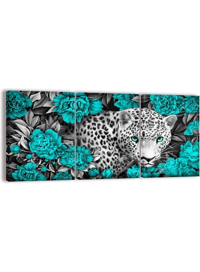 WELMECO Wildlife Animal Picture Black and White Leopard in Turquoise Peonies Flowers Painting Giclee Prints Wall Art - Image 1