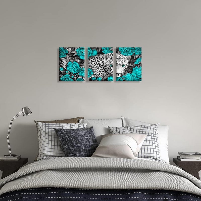 WELMECO Wildlife Animal Picture Black and White Leopard in Turquoise Peonies Flowers Painting Giclee Prints Wall Art - Image 2