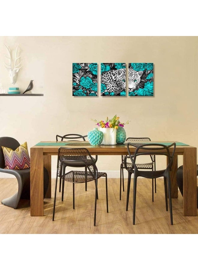 WELMECO Wildlife Animal Picture Black and White Leopard in Turquoise Peonies Flowers Painting Giclee Prints Wall Art - Image 5