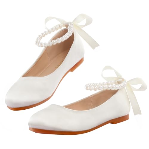 MEJORMEN Toddler Girls Flower Girl Shoes, Mary Jane Ballet Flats with Pearl Ankle Strap, Princess Dress Shoes for Wedding Party School - Image 1