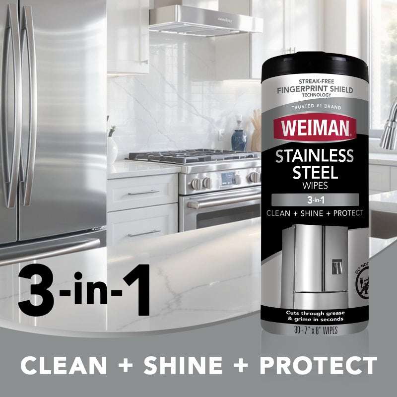 Weiman Stainless Steel Cleaner, 30 Count Cleaning Wipes, Removes Dirt, Grime, and Grease, No Streaks or Residue, Stainless Steel Polish for a Sparkling Clean and Shiny Surface, Cleaning Supplies - Image 2
