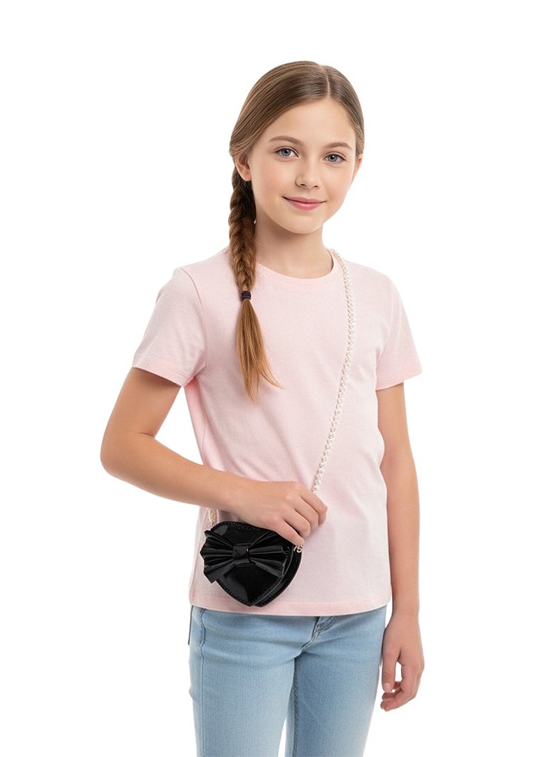 WiNi BEE Girls Heart Shaped Crossbody Bag with Pearl Strap & Bow, Metallic Finish Purse for Girls, Cute Gift for Daughter Birthday - Image 3