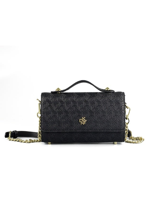 Donna Karan 2026 New Style Women Embossed Monogram Box Shoulder Bag DKNY Inspired PU Leather Dual Strap Crossbody Handbag With Gold Metal Rivet Base & Front Flap Logo Hardware Ready Stock Handbag - Image 1