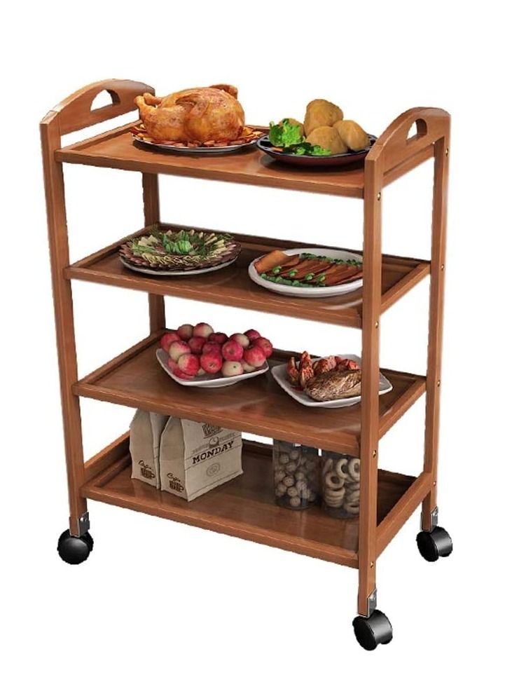 FFD Bamboo 4 Tier Kitchen Serving Cart Kitchen Storage Rack Serving Trolley Bamboo Kitchen Trolly Food Serving Cart Wooden Kitchen Cart with Wheels Bar Serving Carts - Image 1