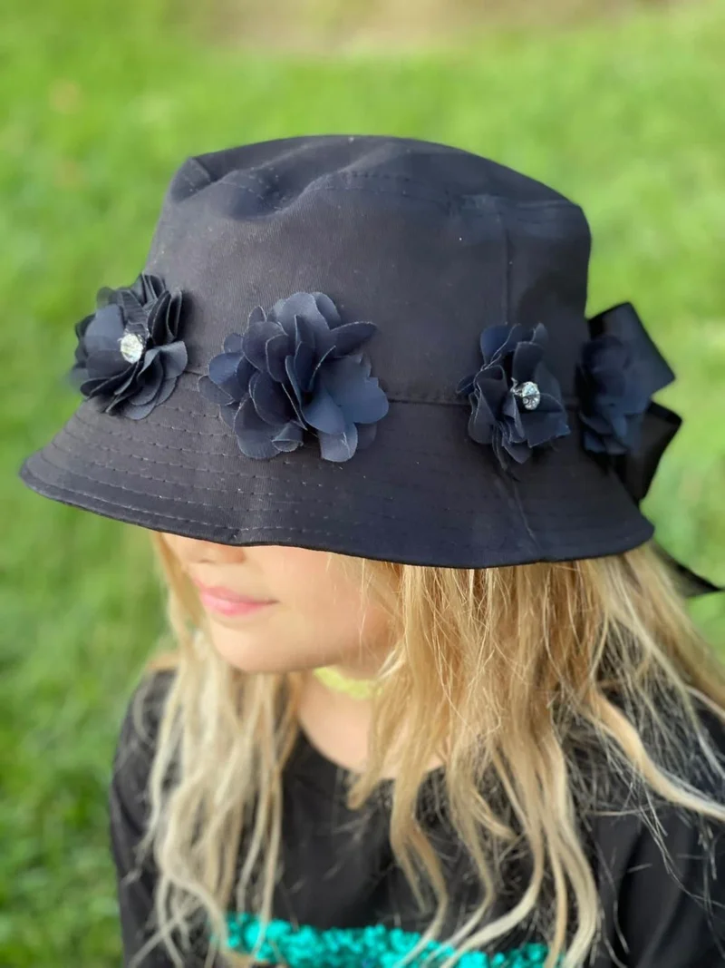 Queen Aksesuar Queen Accessory Luxury Special Design Stoned Flower Ribbon Adult Youth Baguette Bucket Hat Black