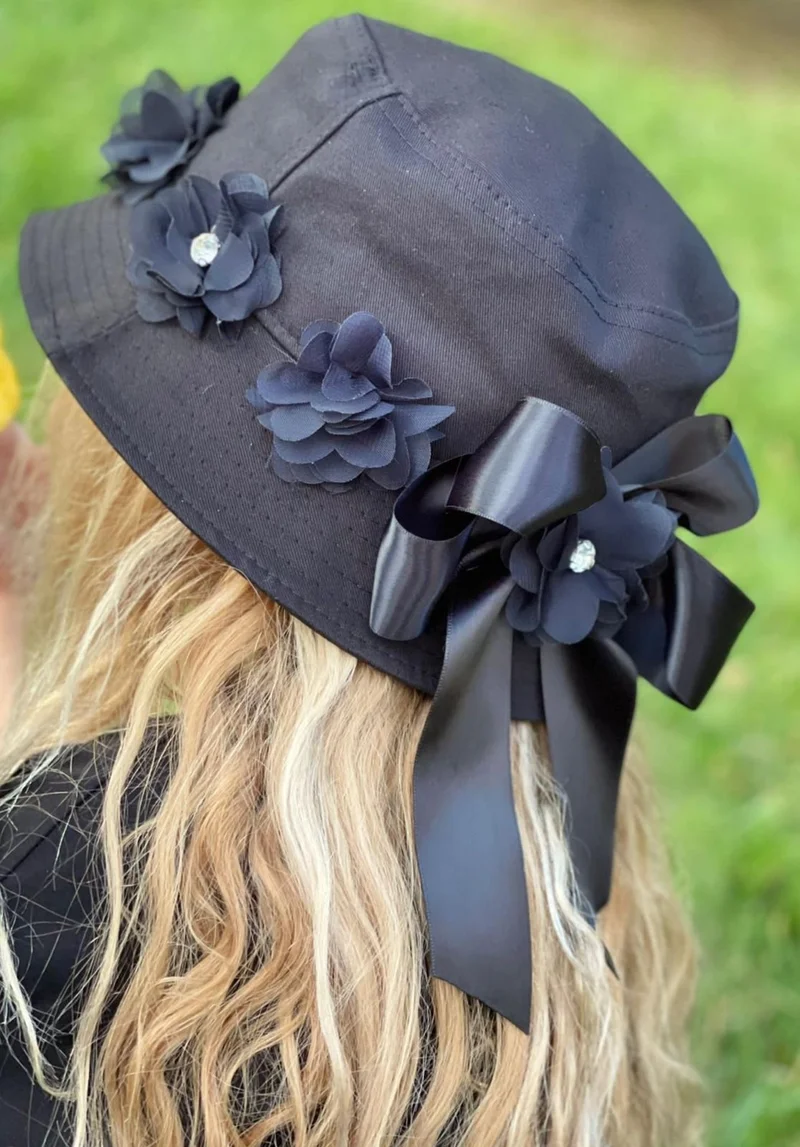 Queen Aksesuar Queen Accessory Luxury Special Design Stoned Flower Ribbon Adult Youth Baguette Bucket Hat Black