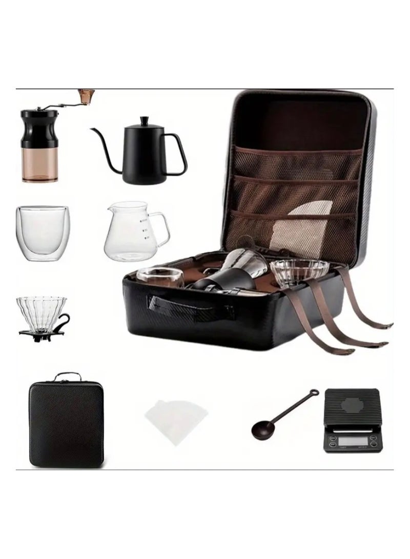 Coffee Portable Camping Coffee Maker Kit with Pour Over Bottle and Stainless Steel Manual Grinder - Includes Carrying Bag, V60 Coffee Maker Set with Carrying Case  - Image 1