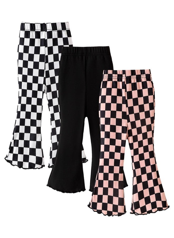 SOBOWO Checkered Baby Girl Flare Pants 3 Pack Toddler Bell Bottoms Plaid Ruffle Leggings Pants Fall Winter Outfits Size 6M-4T(2-3T, Black&White Plaid/Black/Black&Pink Plaid) - Image 1