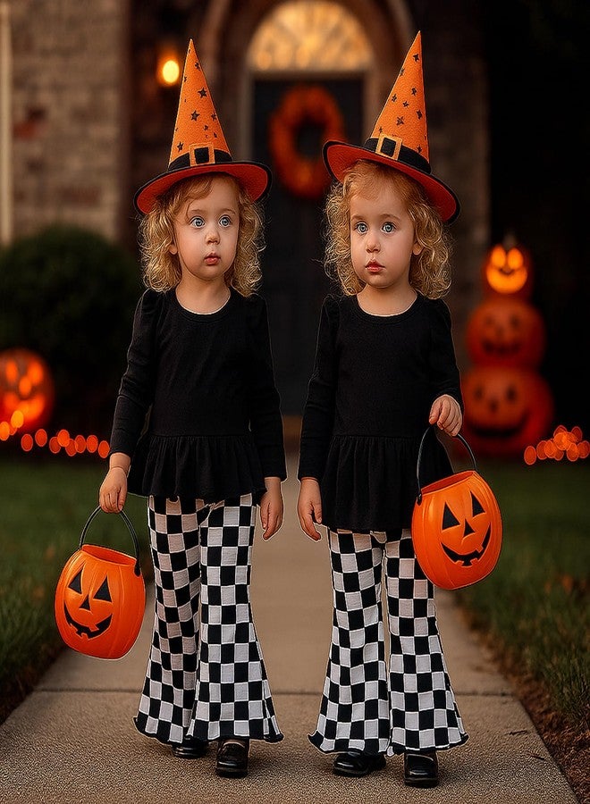 SOBOWO Checkered Baby Girl Flare Pants 3 Pack Toddler Bell Bottoms Plaid Ruffle Leggings Pants Fall Winter Outfits Size 6M-4T(2-3T, Black&White Plaid/Black/Black&Pink Plaid) - Image 3