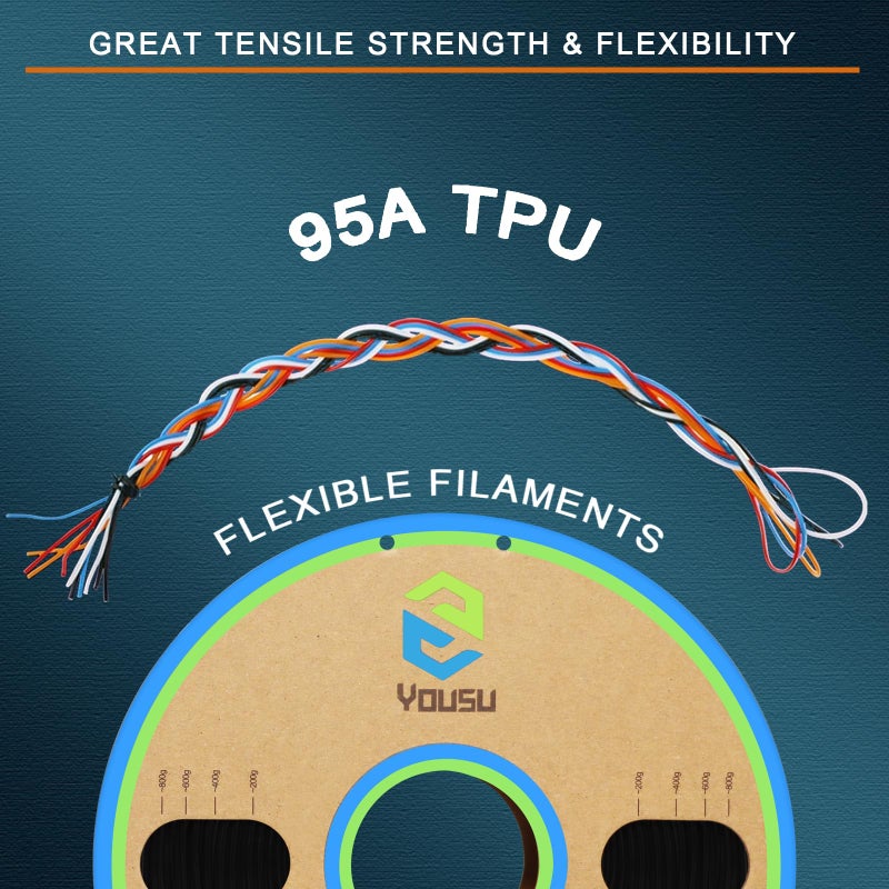 YOUSU خيوط TPU من YOUSU بقطر 1.75 مم، خيوط TPU95A مرنة، خيوط طابعة ثلاثية الأبعاد ناعمة، خيوط طباعة ثلاثية الأبعاد TPU باللون الأسود، بكرة 1 كجم (2.2 رطل) - Image 3