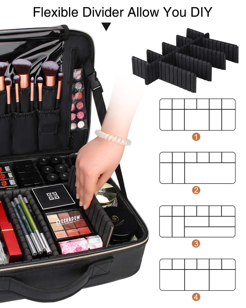 Relavel Makeup Case Large Makeup Bag Professional Train Case 16.5 inches Travel Cosmetic Organizer Brush Holder Waterproof Makeup Artist Storage Box, 3 Layer Large Capacity, with Adjustable Strap - Image 4